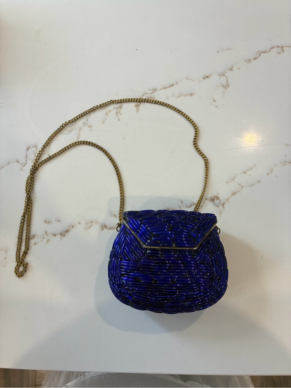 Vintage Royal Blue Beaded Bag with Gold Chain